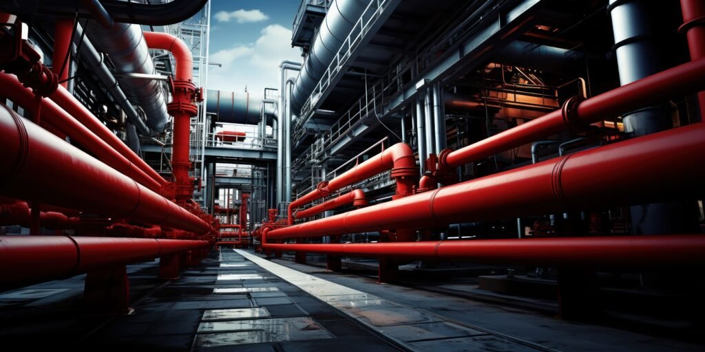 Chemical plant's vibrant red tanks stand out against a tangle of